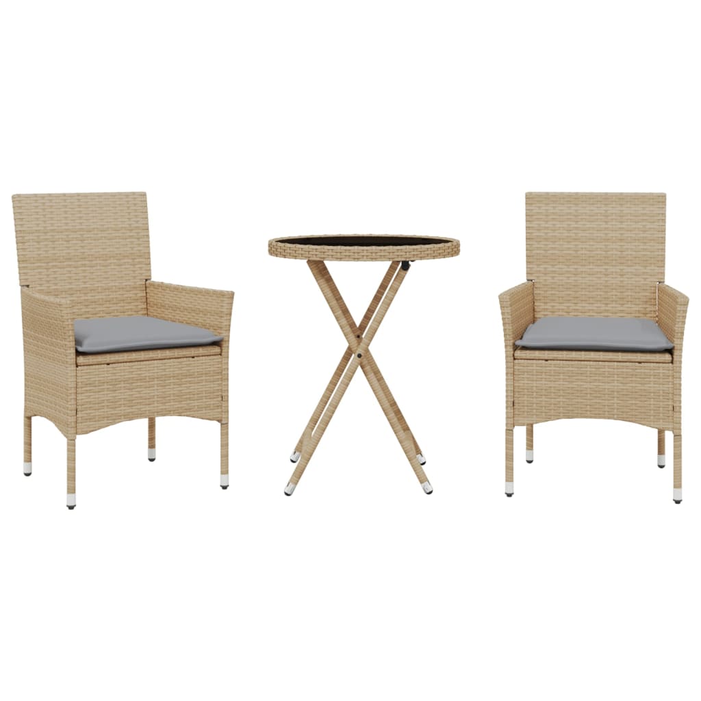 Set da Bistrò 3 pz con Cuscini Beige Polyrattan e Vetro 3278751