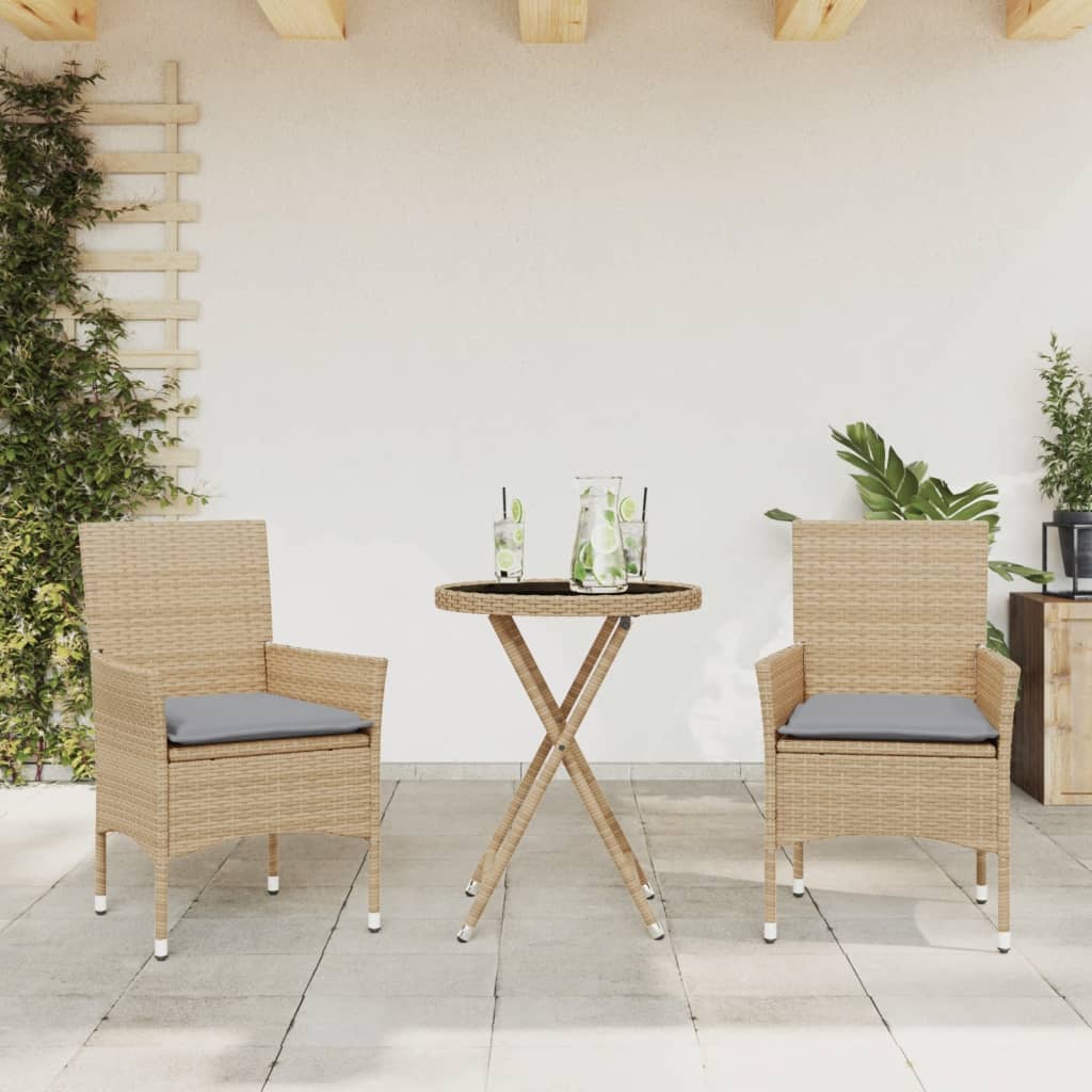 Set da Bistrò 3 pz con Cuscini Beige Polyrattan e Vetro 3278751