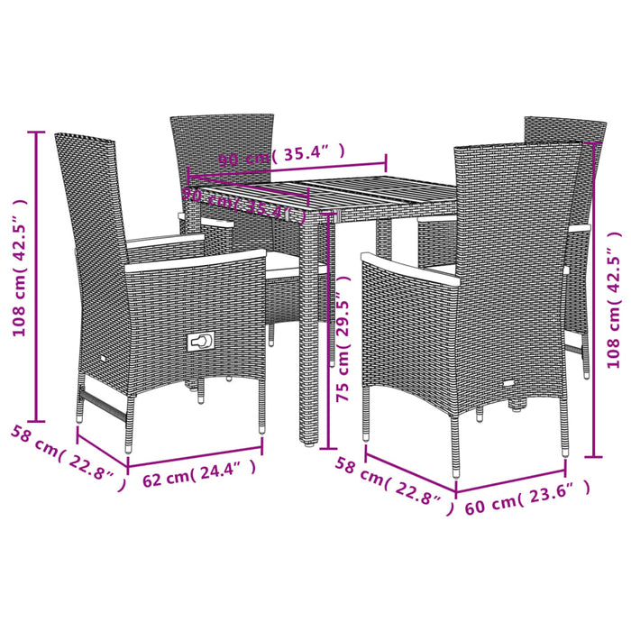 Set da Pranzo da Giardino 5 pz Nero con Cuscini in Polyrattan 3277502