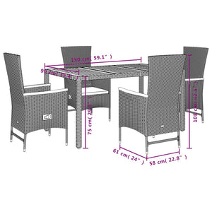 Set da Pranzo da Giardino 5 pz Nero con Cuscini in Polyrattan 3277508