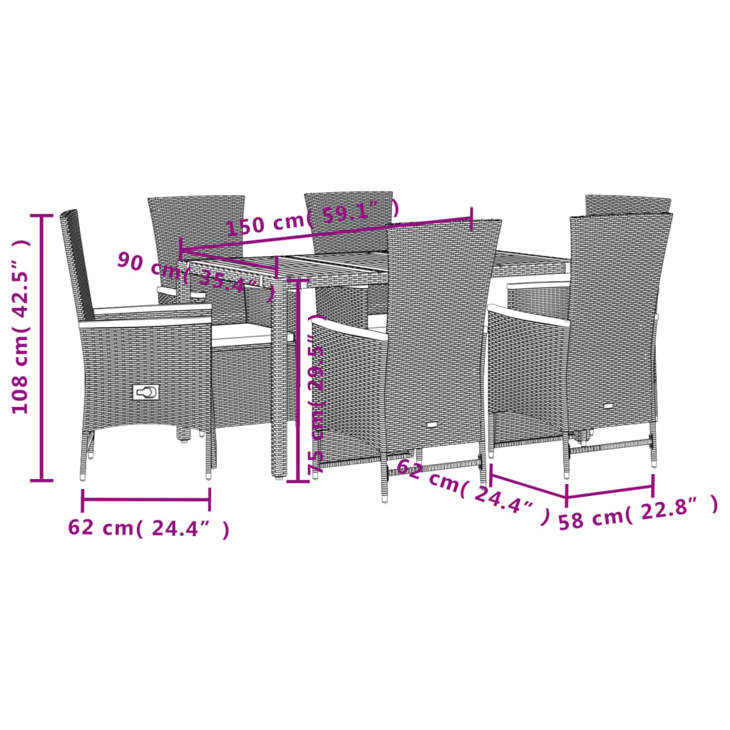 Set da Pranzo da Giardino 7 pz Nero con Cuscini in Polyrattan 3277511