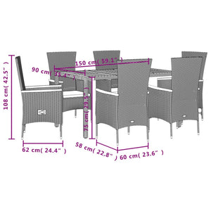 Set da Pranzo da Giardino 7 pz Nero con Cuscini in Polyrattan 3277512