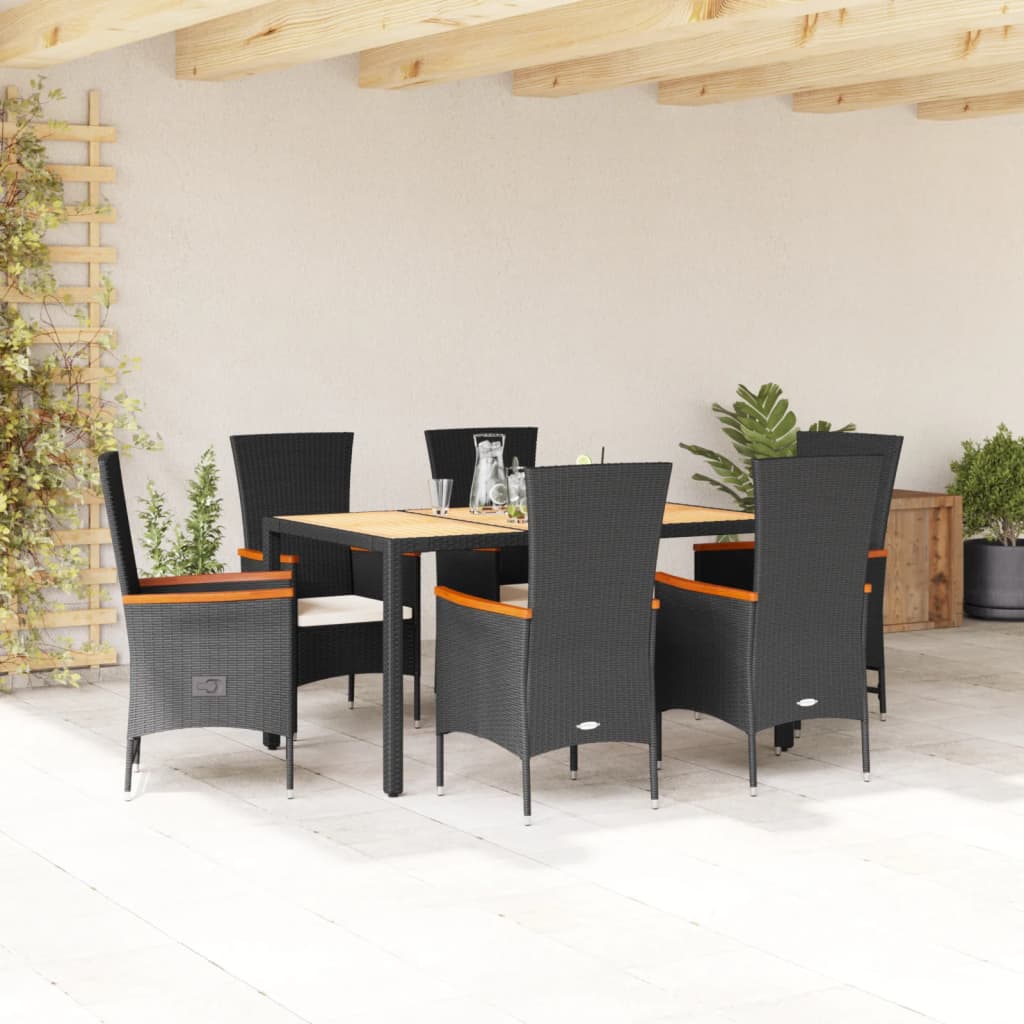 Set da Pranzo da Giardino 7 pz Nero con Cuscini in Polyrattan 3277512