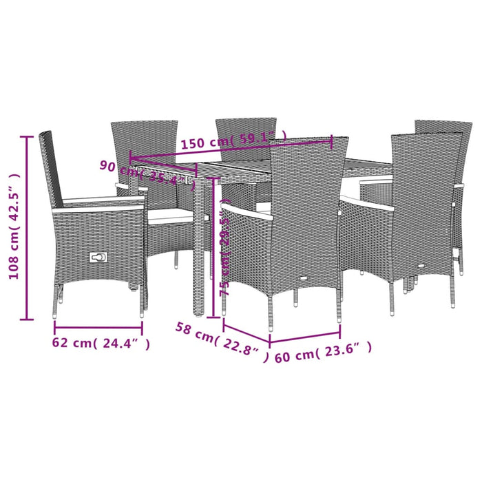 Set da Pranzo da Giardino 7 pz Nero con Cuscini in Polyrattan 3277513