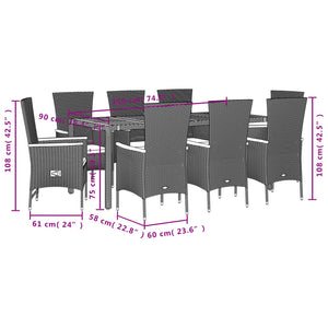 Set da Pranzo da Giardino 9 pz con Cuscini Nero in Polyrattan 3277519