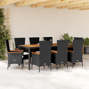 Set da Pranzo da Giardino 9 pz con Cuscini Nero in Polyrattan 3277519