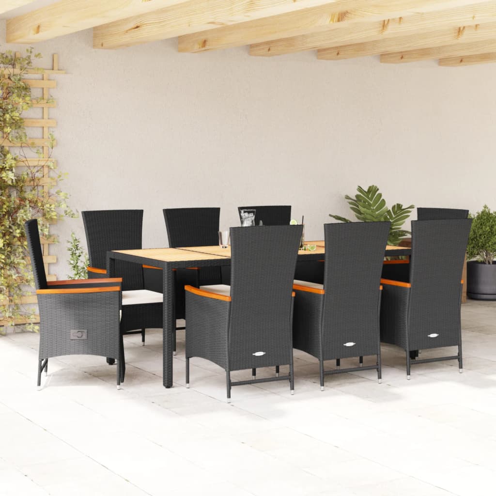 Set da Pranzo da Giardino 9 pz con Cuscini Nero in Polyrattan 3277521