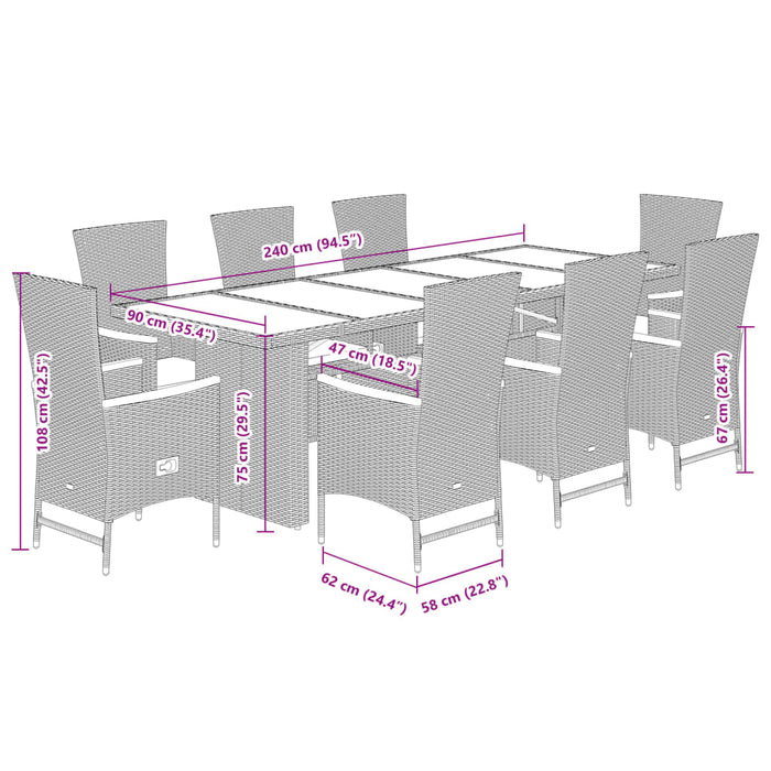 Set da Pranzo da Giardino 9 pz con Cuscini Nero in Polyrattan 3277533