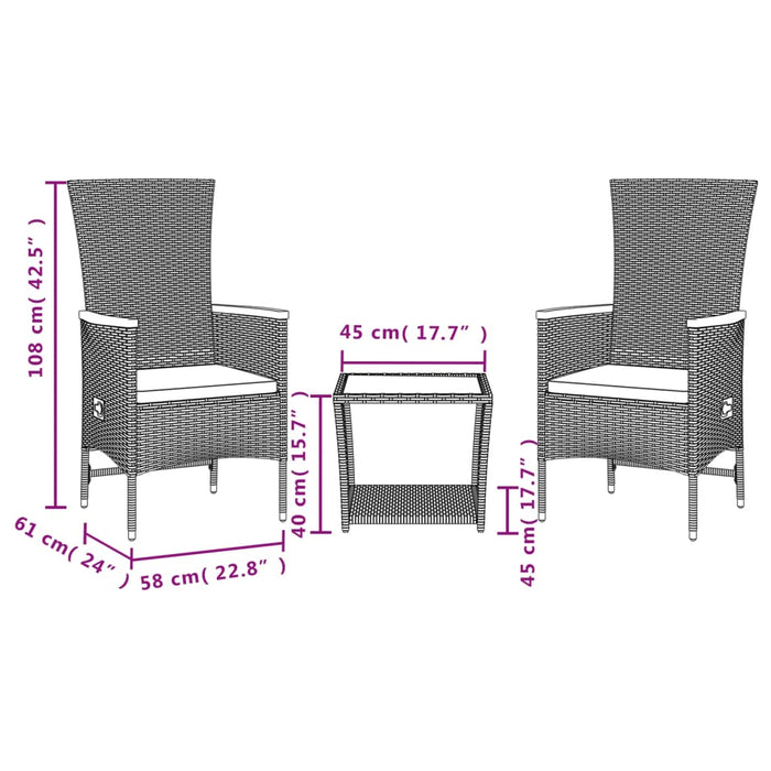 Set da Pranzo da Giardino 3 pz con Cuscini Nero in Polyrattan 3277542