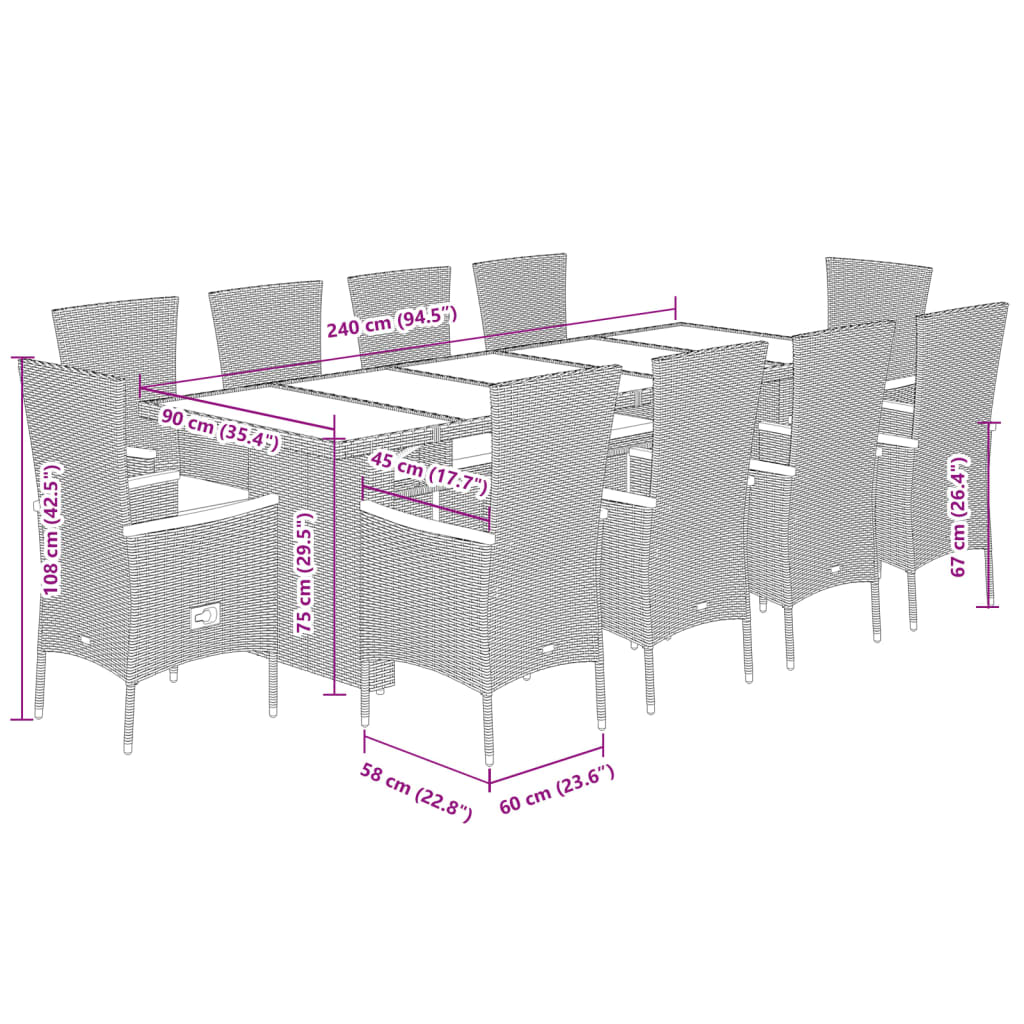 Set da Pranzo da Giardino 11pz con Cuscini in Polyrattan Grigio 3277554