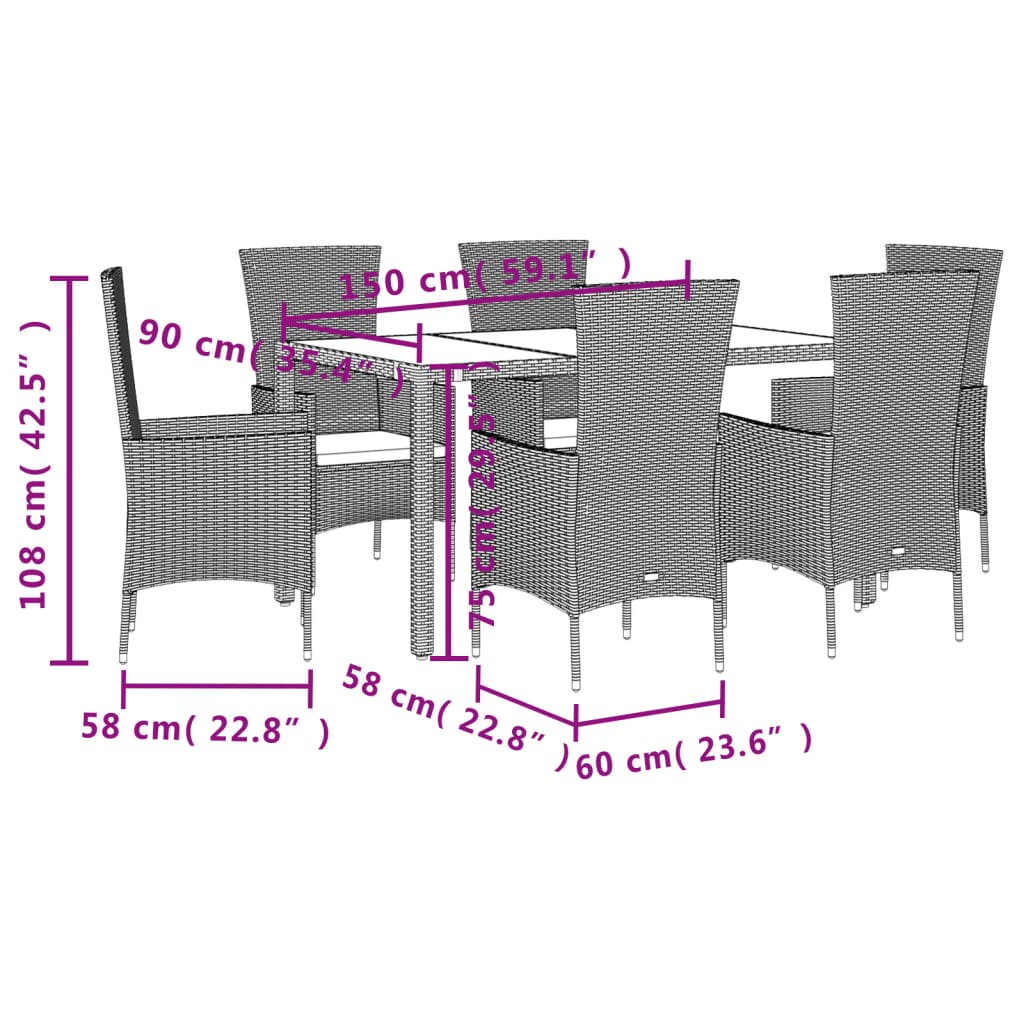 Set da Pranzo da Giardino 7 pz con Cuscini Beige in Polyrattan 3277572