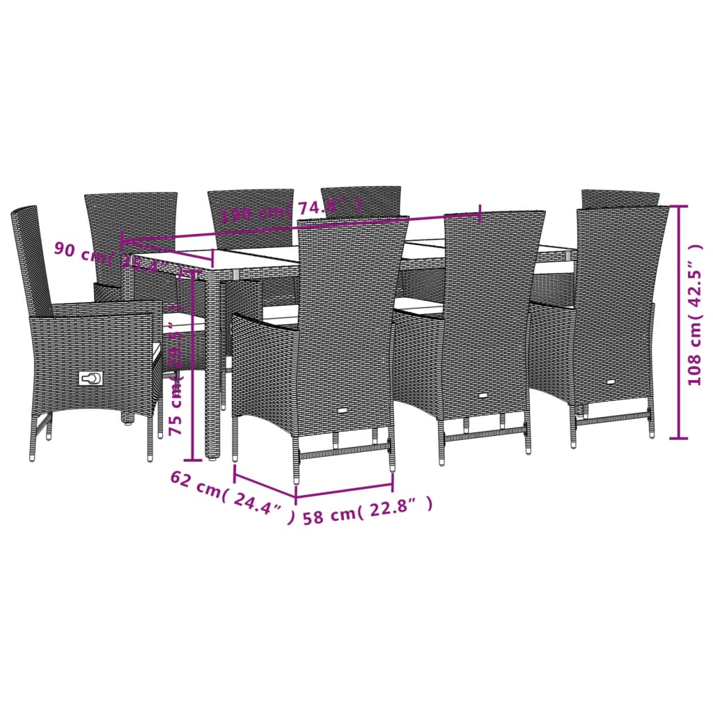 Set da Pranzo da Giardino 9 pz con Cuscini Beige in Polyrattan 3277580