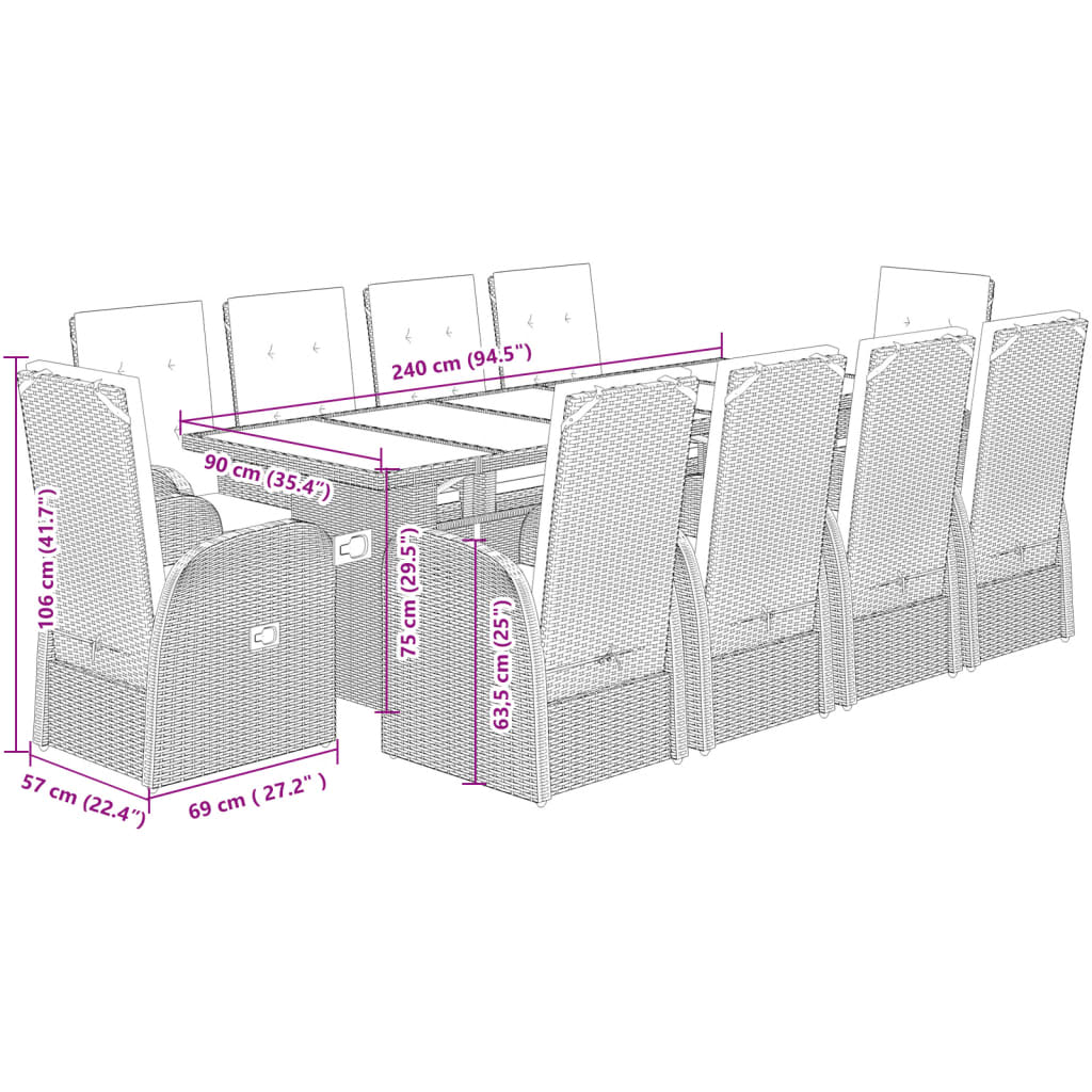 Set da Pranzo da Giardino 11pz con Cuscini in Polyrattan Grigio 3277593