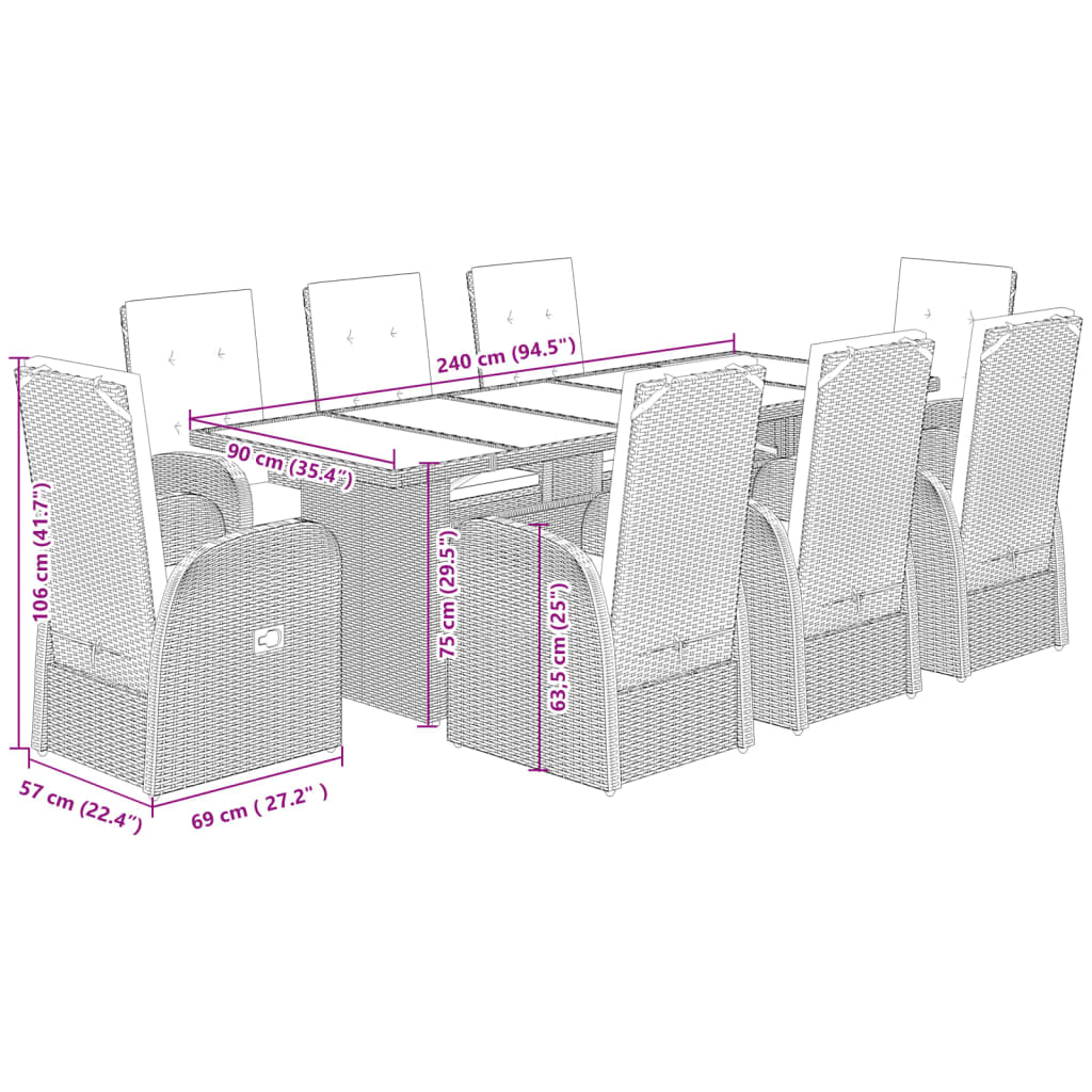 Set da Pranzo da Giardino 9 pz con Cuscini in Polyrattan Grigio 3277600