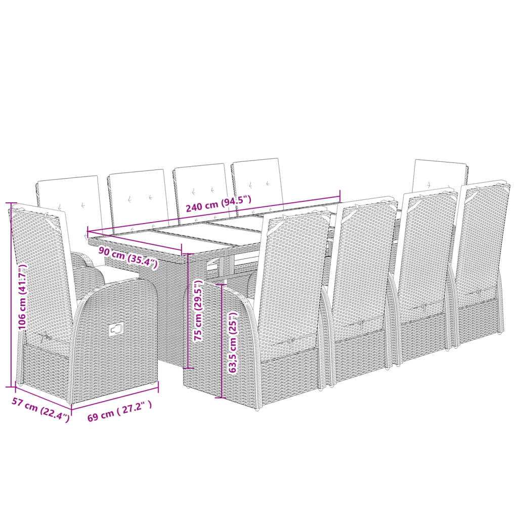 Set da Pranzo da Giardino 11pz con Cuscini in Polyrattan Grigio 3277606