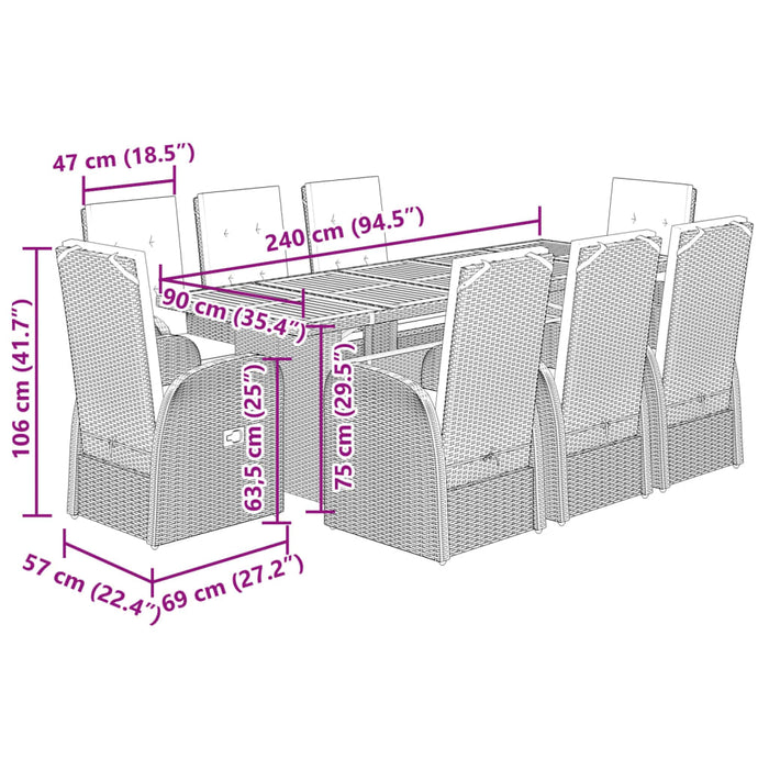 Set da Pranzo da Giardino 9 pz con Cuscini in Polyrattan Grigio 3277611