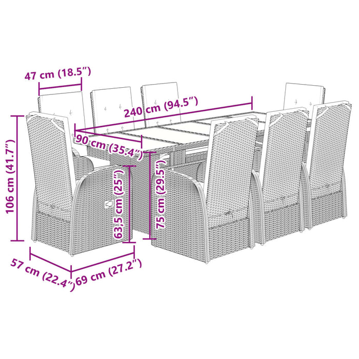 Set da Pranzo da Giardino 9 pz con Cuscini in Polyrattan Grigio 3277619