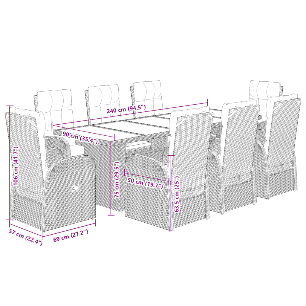 Set da Pranzo da Giardino 9 pz con Cuscini Nero in Polyrattan 3277630