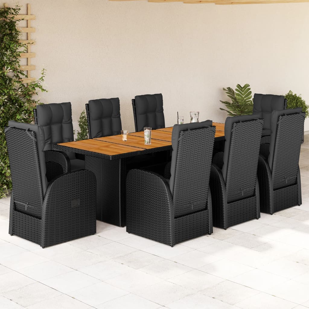 Set da Pranzo da Giardino 9 pz con Cuscini Nero in Polyrattan 3277630