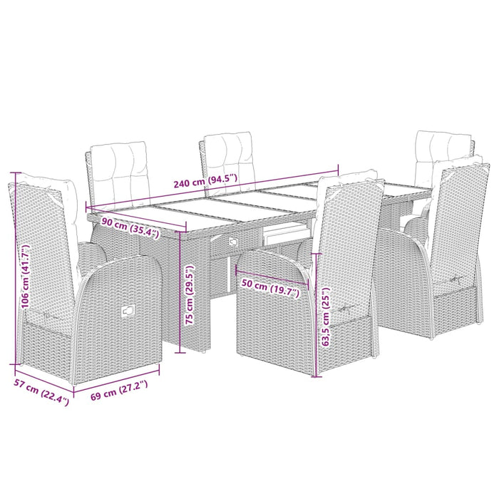 Set da Pranzo da Giardino 7 pz Nero con Cuscini in Polyrattan 3277632