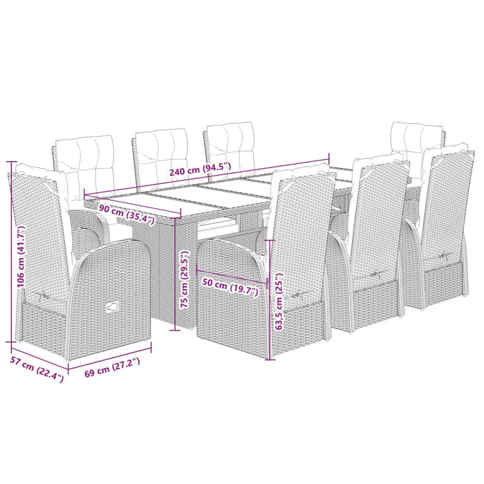 Set da Pranzo da Giardino 9 pz con Cuscini Nero in Polyrattan 3277633