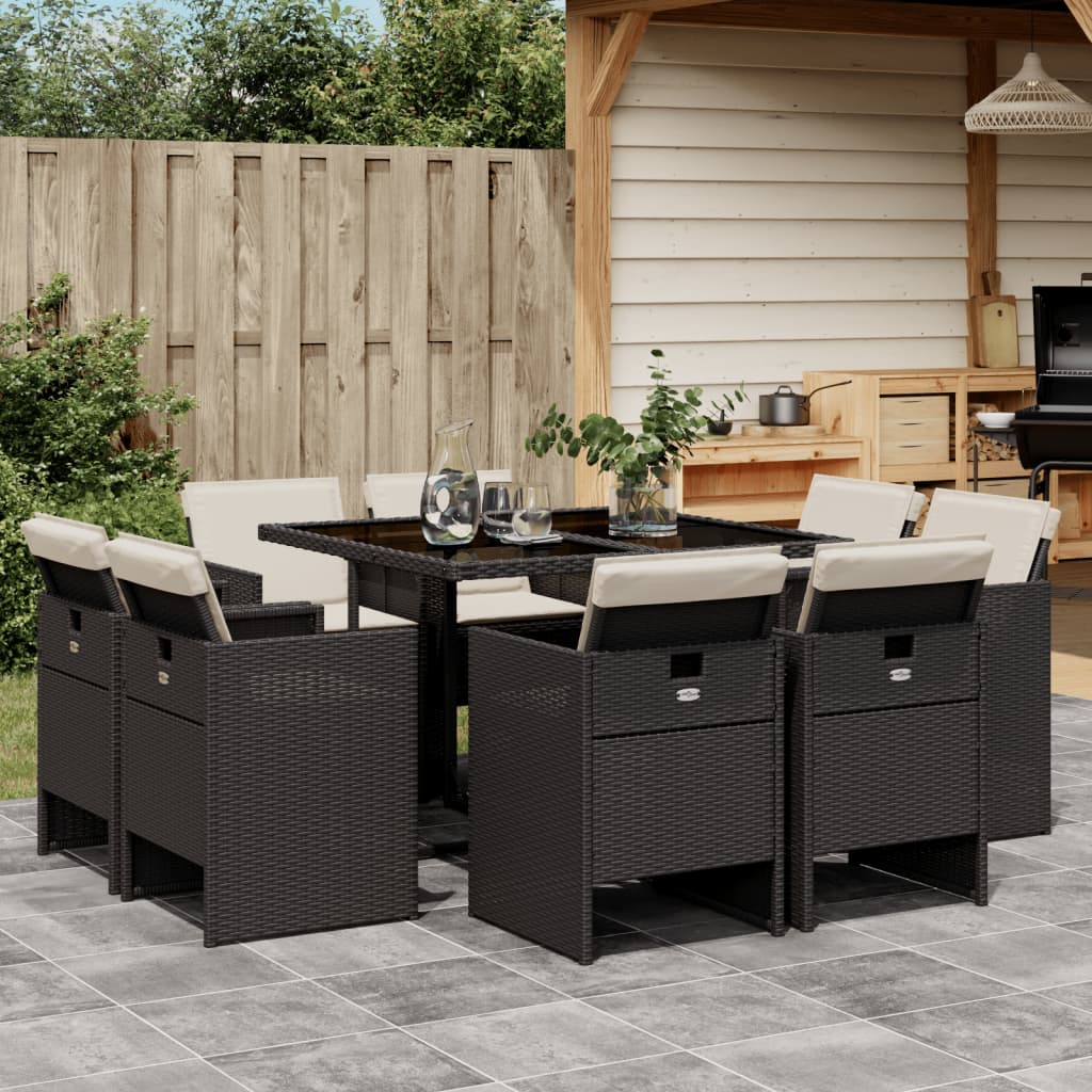 Set da Pranzo da Giardino 9 pz con Cuscini Nero in Polyrattan 3277781