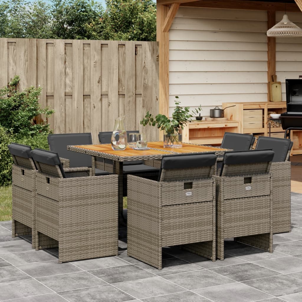 Set da Pranzo da Giardino 9 pz con Cuscini in Polyrattan Grigio 3277789