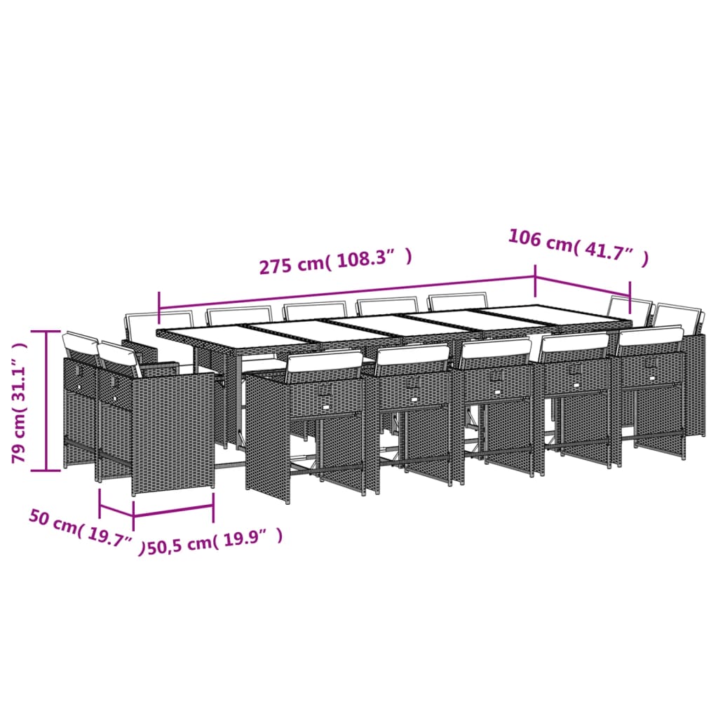 Set da Pranzo da Giardino 15 pz con Cuscini Nero in Polyrattan 3277817