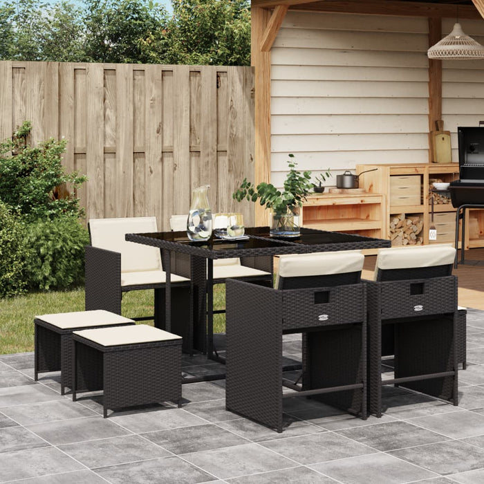 Set da Pranzo da Giardino 9 pz con Cuscini Nero in Polyrattan 3277901