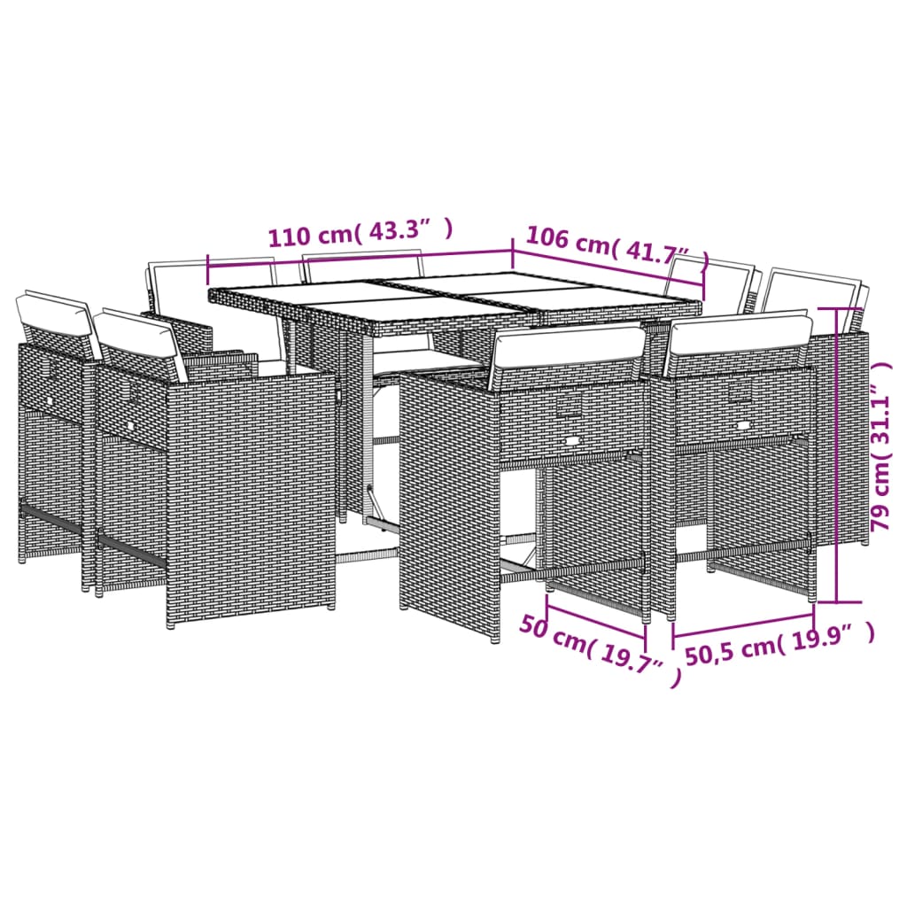 Set da Pranzo da Giardino 9 pz con Cuscini Nero in Polyrattan 3277961