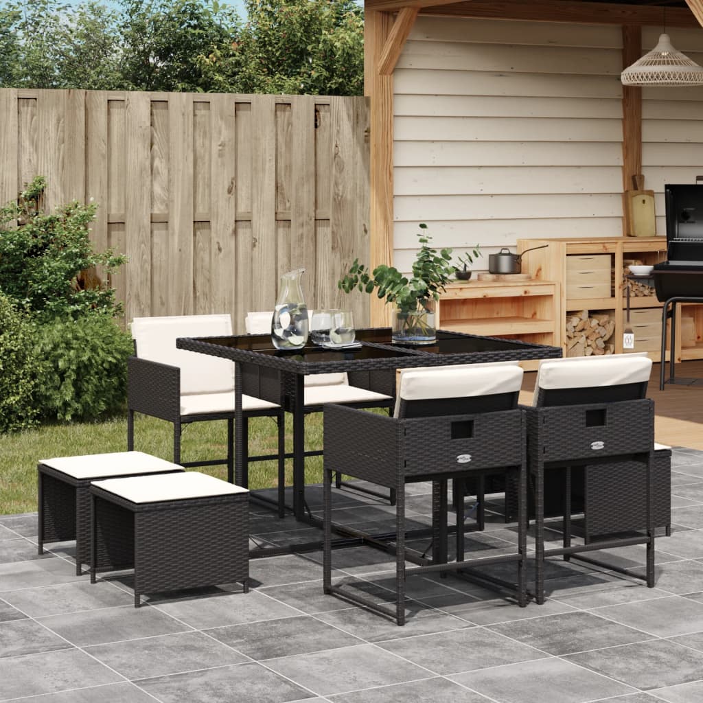 Set da Pranzo da Giardino 9 pz con Cuscini Nero in Polyrattan 3278081