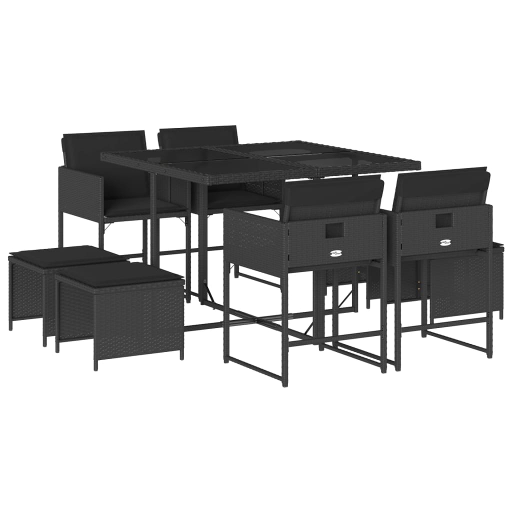 Set da Pranzo da Giardino 9 pz con Cuscini Nero in Polyrattan 3278082