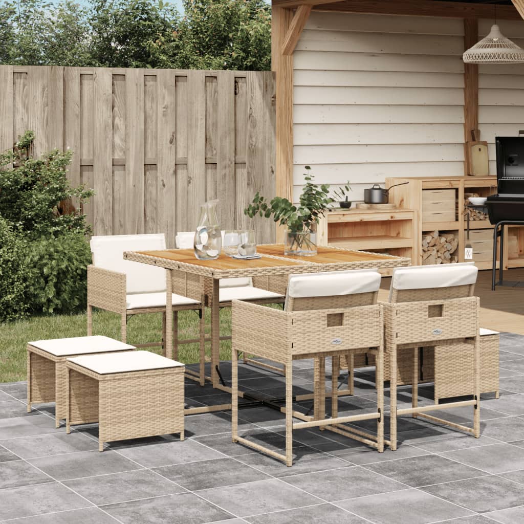 Set da Pranzo da Giardino 9 pz con Cuscini Beige in Polyrattan 3278091