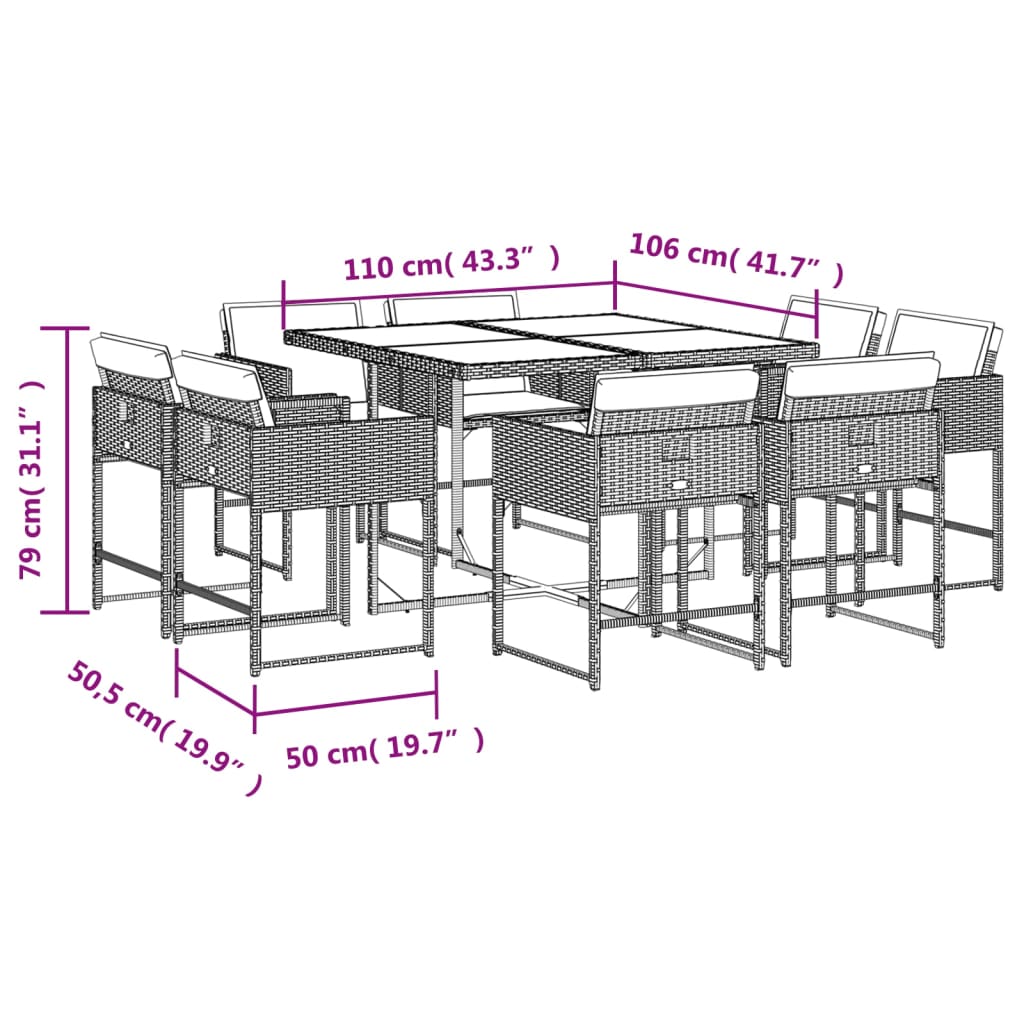 Set da Pranzo da Giardino 9 pz con Cuscini Nero in Polyrattan 3278142