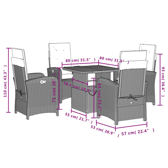 Set da Pranzo da Giardino 5 pz Nero con Cuscini in Polyrattan 3277314