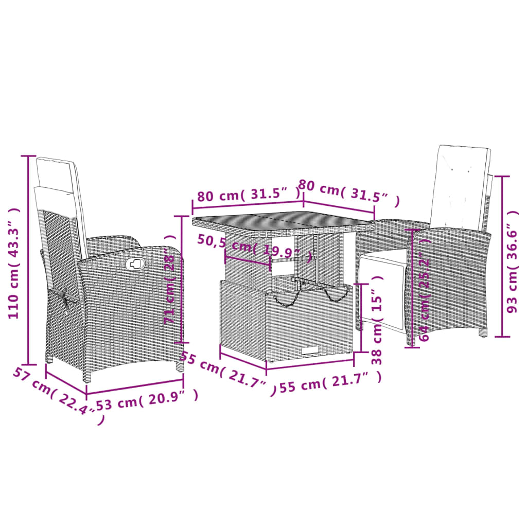 Set da Pranzo da Giardino 3 pz con Cuscini Nero in Polyrattan 3277327