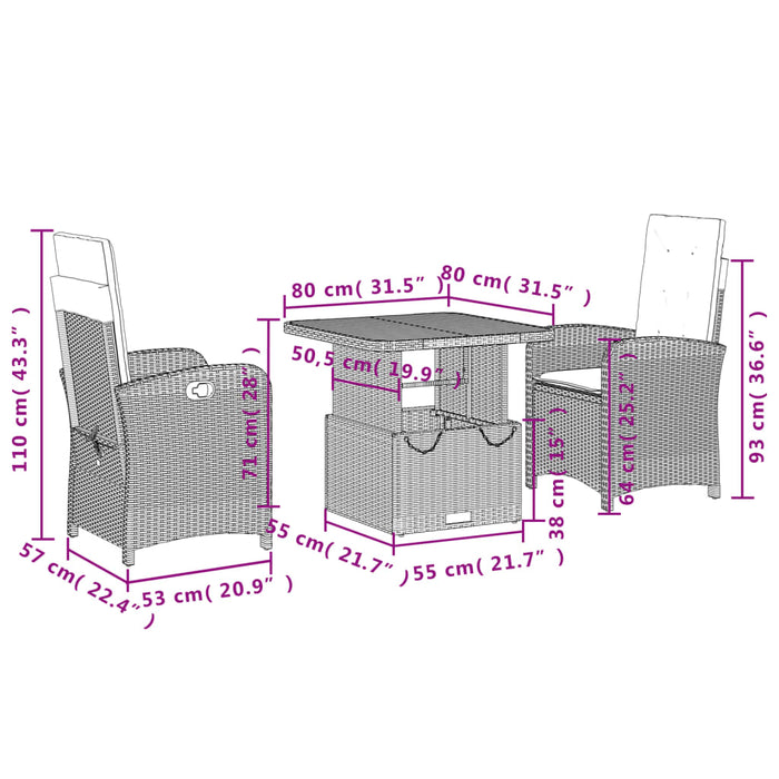 Set da Pranzo da Giardino 3 pz con Cuscini in Polyrattan Grigio 3277337