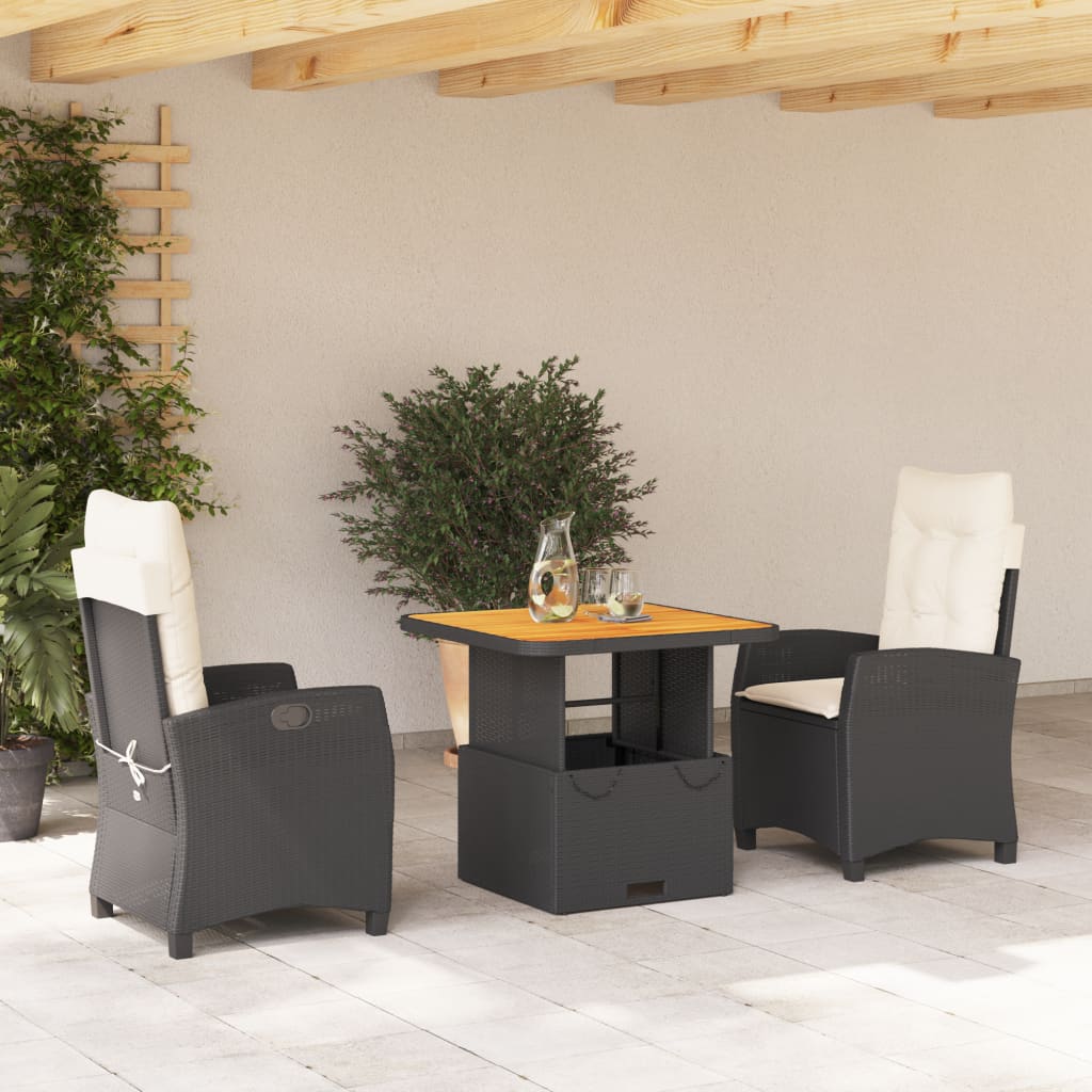 Set da Pranzo da Giardino 3 pz con Cuscini Nero in Polyrattancod mxl 113340