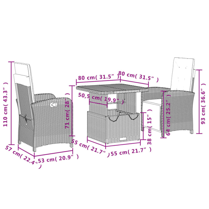 Set da Pranzo da Giardino 3 pz con Cuscini Nero in Polyrattan 3277375