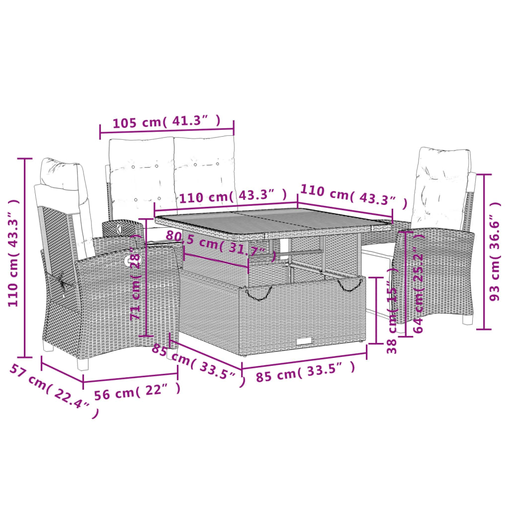 Set da Pranzo da Giardino 4 pz con Cuscini Nero in Polyrattan 3277381