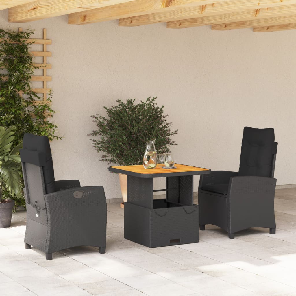 Set da Pranzo da Giardino 3 pz con Cuscini Nero in Polyrattan 3277385