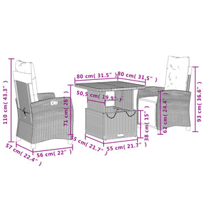 Set da Pranzo da Giardino 3 pz con Cuscini Nero in Polyrattan 3277387