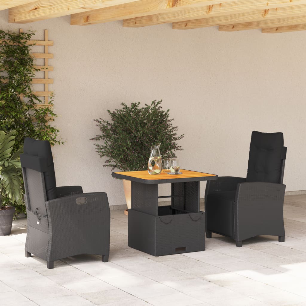 Set da Pranzo da Giardino 3 pz con Cuscini Nero in Polyrattan 3277387