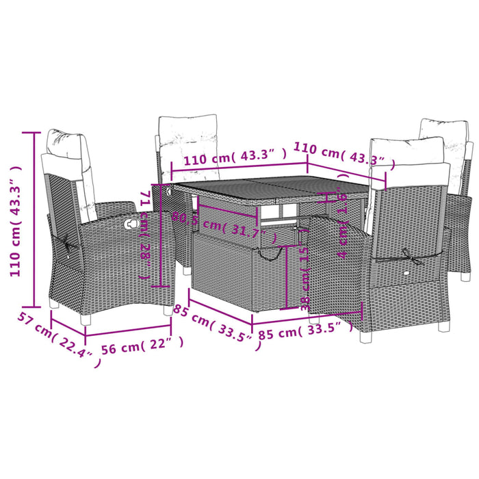 Set da Pranzo da Giardino 5 pz Nero con Cuscini in Polyrattan 3277389