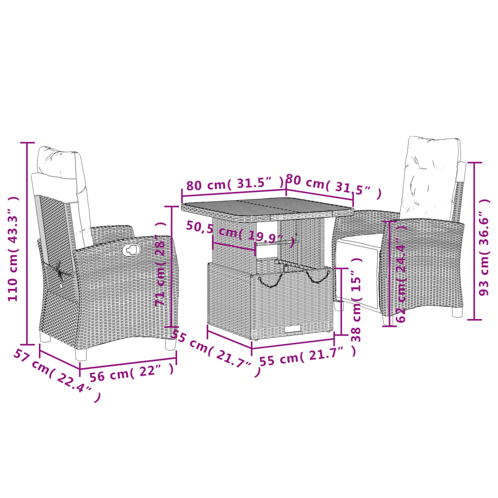 Set da Pranzo da Giardino 3 pz con Cuscini Beige in Polyrattan 3277411