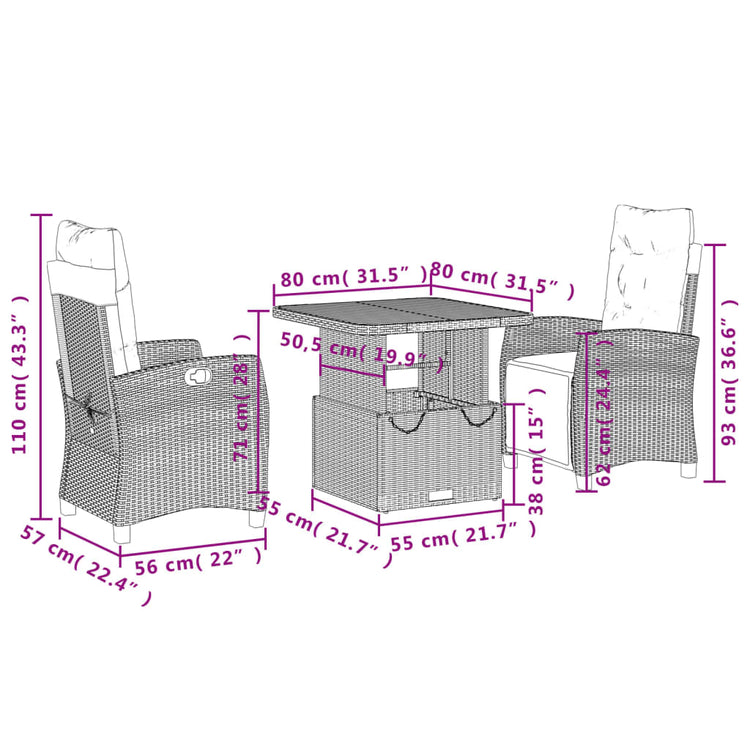 Set da Pranzo da Giardino 3 pz con Cuscini Beige in Polyrattan 3277423