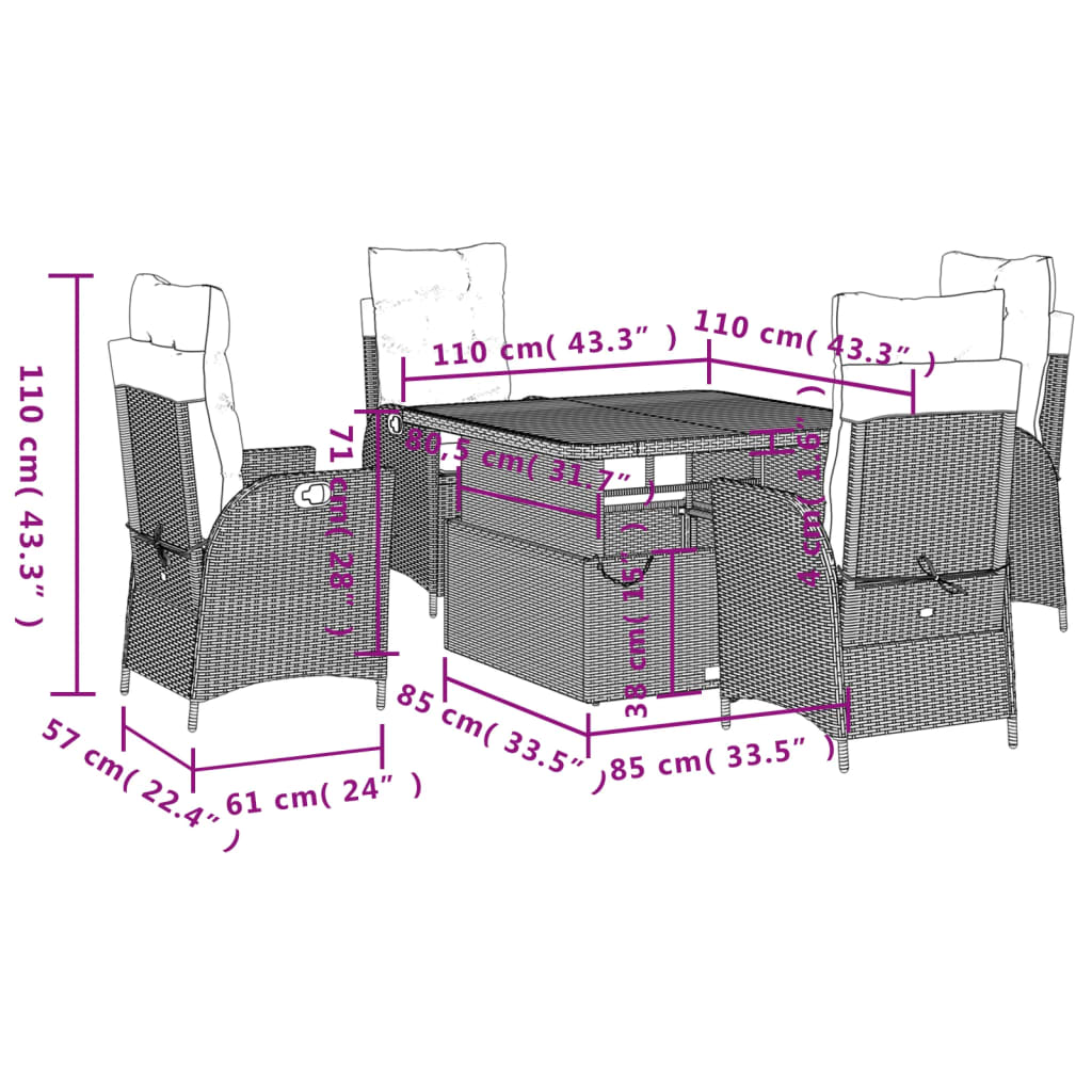 Set da Pranzo da Giardino 5 pz Nero con Cuscini in Polyrattan 3277437