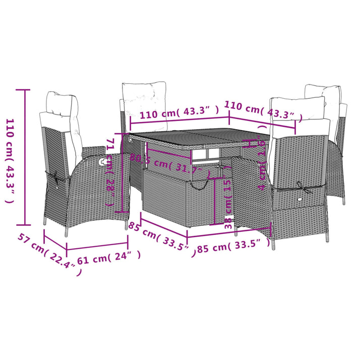 Set da Pranzo da Giardino 5 pz Nero con Cuscini in Polyrattan 3277438