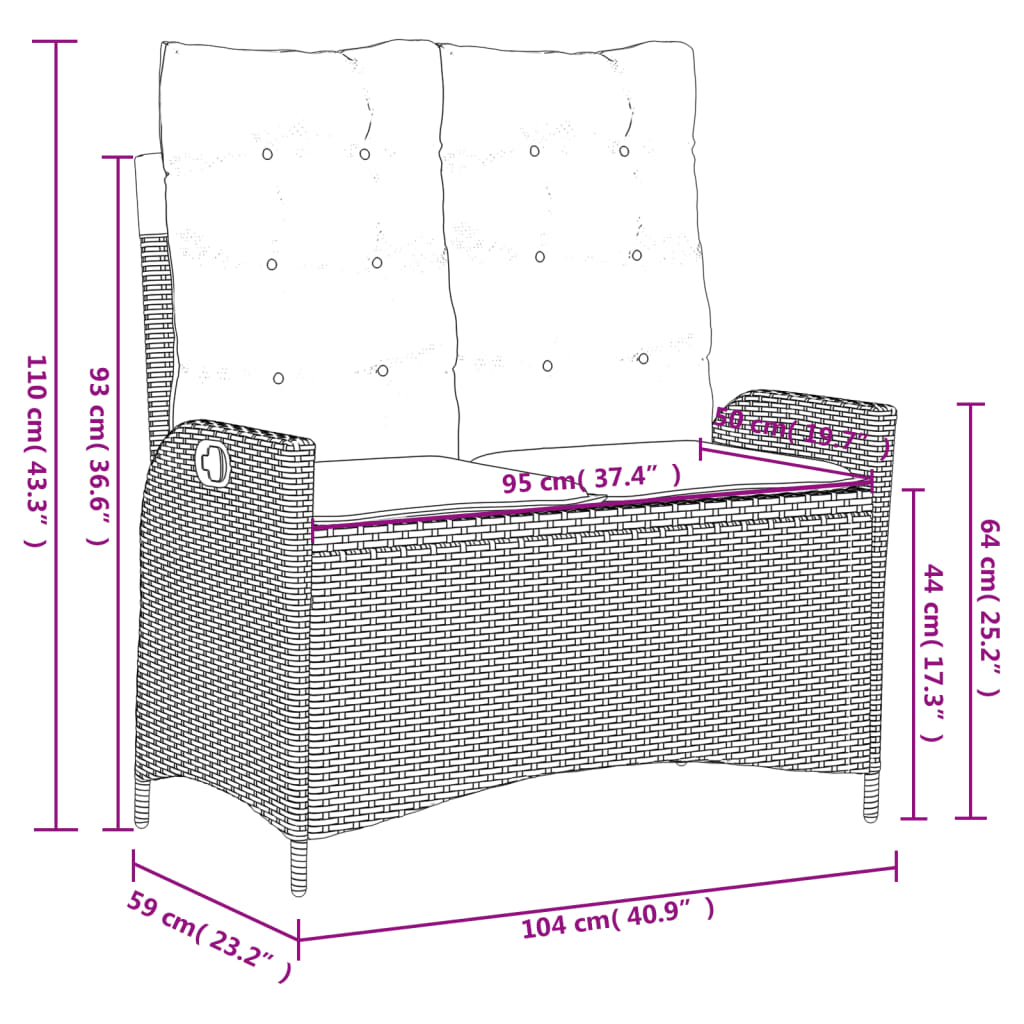 Set da Pranzo da Giardino 2 pz con Cuscini Nero in Polyrattan 3277442