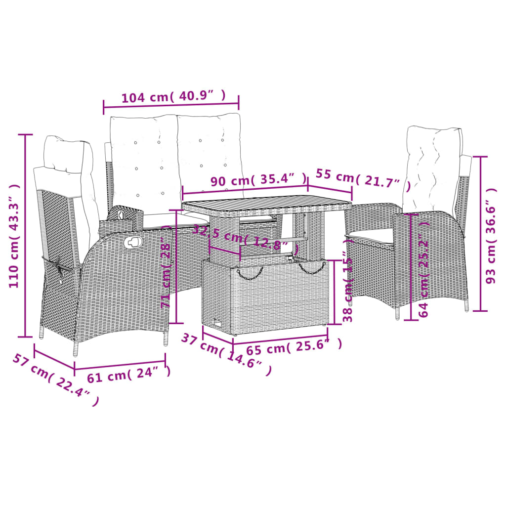 Set da Pranzo da Giardino 4 pz con Cuscini Nero in Polyrattan 3277443